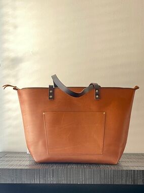 Portland Leather Cognac Brown Leather Tote with Dark Brown Handles
